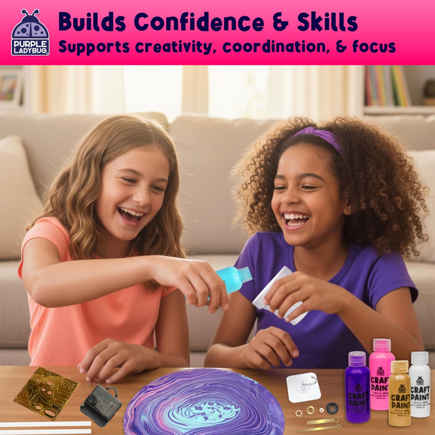 PURPLE LADYBUG Paint Pouring DIY Clock Kit - Creative Kids Painting Kit - 6 7 8 9 10 11 12 Year Old Girl Gift Ideas, Birthday Gifts for 8 Year Old Boys & Gifts for Teen Girls - Fun Crafts for Kids 6-8