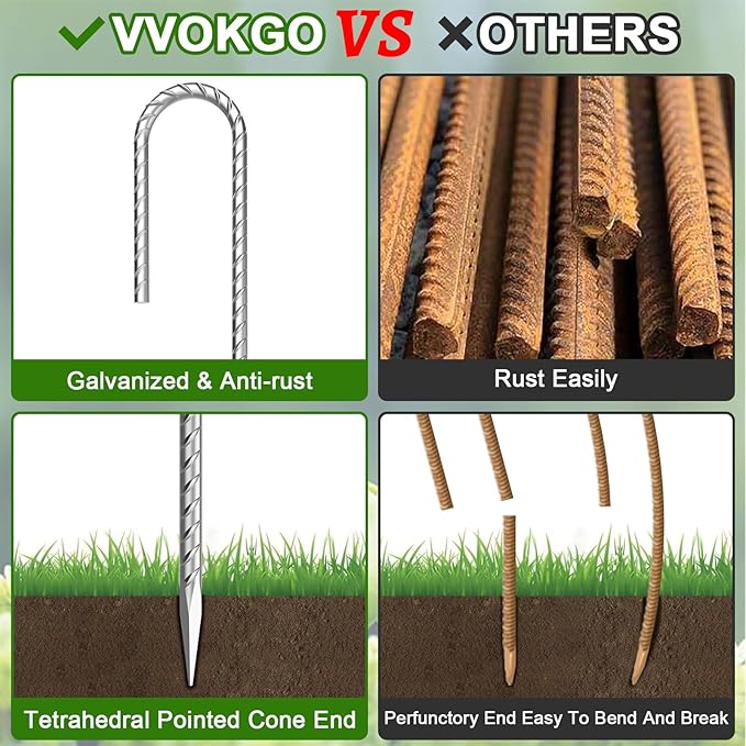 VVOKGO Rebar-Stakes-12-Inch J Hook Galvanized Tent Stakes Heavy Duty, 4-Pack Ground Chain Link Fence Anchors with Chisel Point End for Gazebo Bounce House, Camping Tents, Outdoor Inflatable Decoration