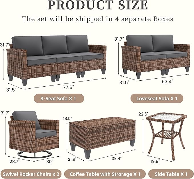UDPATIO Patio Furniture Set, 6 Pieces Outdoor Conversation Sets with Rocking Swivel Chairs, Wicker Rattan Outdoor Sofa Set with Storage Table and Waterproof Covers for Backyard, Deck, Porch, Grey