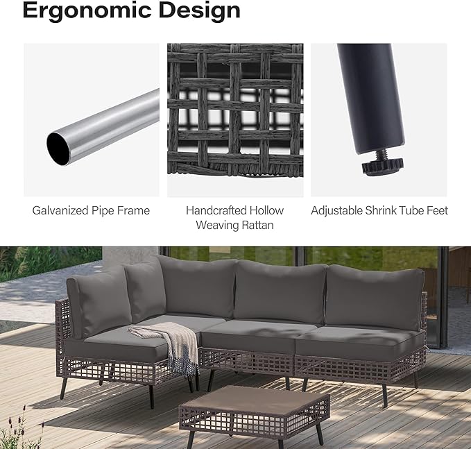LAUSAINT HOME 5 Pieces Outdoor Sectional Sofa Set, All-Weather PE Wicker Rattan Patio Conversation Set with Thick Cushions & Coffee Table, Patio Furniture Set for Garden, Backyard, Porch (Grey)