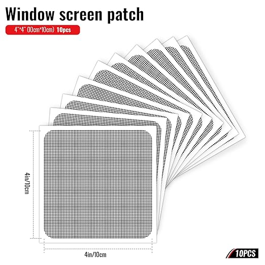 Matenf Window Screen Repair Patch, 10 Patches, 4"x 4"(10cm x 10cm), Black, 3-Layer Strong Adhesive Window Screen Mesh Tape, Repair Kit for Window and Door Screen Tears Holes