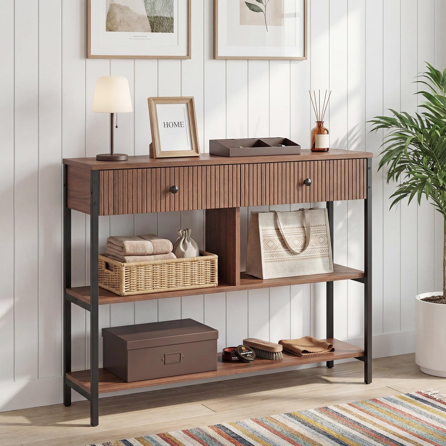 Manora Fluted Console Table with Wooden Drawers, Slim Entryway Table with Open Shelf, Tall Thin Side Table for Couch, Small Sofa Side Table for Hall, Hallway, Bedroom, Living Room, Foyer, Walnut