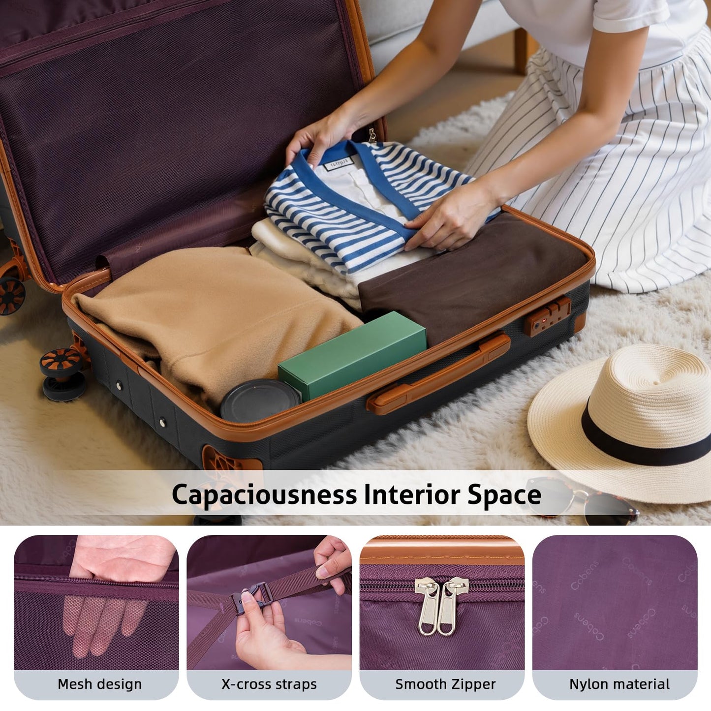 Cobens Luggage Sets 5 Piece Suitcase with Wheels，ABS Hard Case Luggage with Detachable Spinner Wheels，Carry on Luggage Set with TSA Lock （20/24/28 Inch