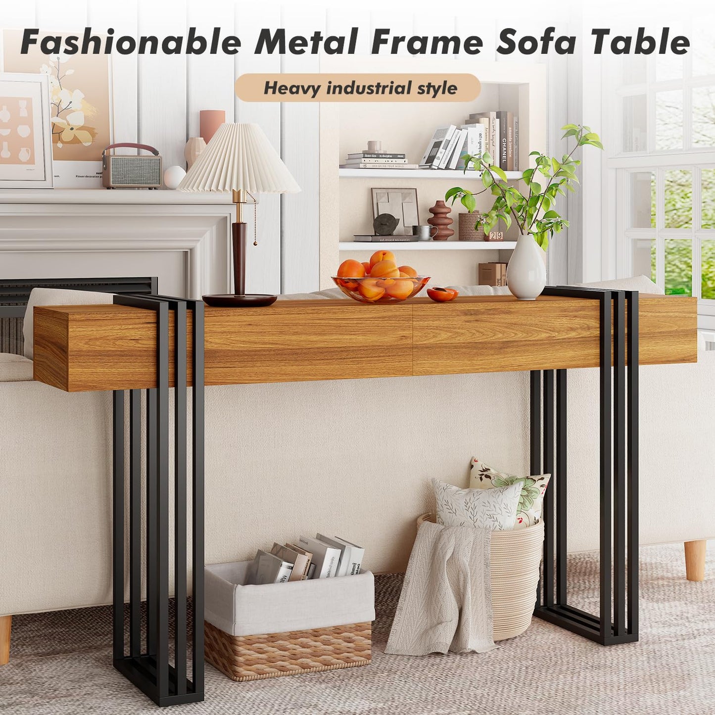 knoworld 63 Inch Long Console Table, Industrial Sofa Table Behind The Couch Rectangular Entryway Table for Entrance Hallway Living Room, Brown