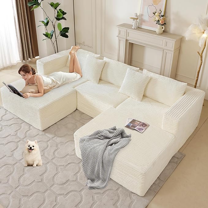 110 Modular Sectional Boneless Sofa with 2 Ottomans, Corduroy U-Shaped Modular Sectional Sofa, Convertible Cloud Couch with Deep Seats, No Assembly Required (White, 110" 3Seat+2 0ttoman)