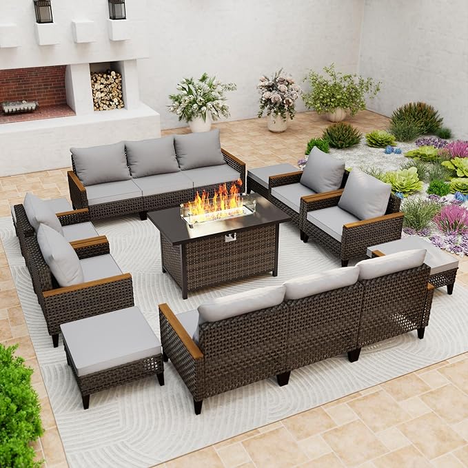 Xmkmvk 15 Piece Patio Sectional Sofa Set with 50000 BTU Fire Pit Table, All-Weather Wicker Rattan Outdoor Conversation Set, High Back, for Garden, Porch, Poolside, Gray