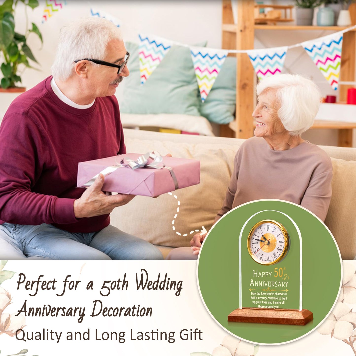 OkiyiD 50th Anniversary Wedding Gift, Anniversary Quartz Clock, Desk Table Clock, 50 Years of Marriage, Golden Wedding for Couple, Parents, Grandparents (Wooden Base with LED Light)