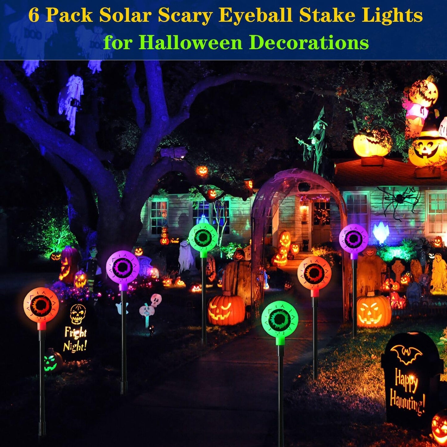 Outdoor Halloween Decorations Set of 6 Solar Garden Lights, Scary Eyeball Solar Landscape Pathway Stake Lights, 8 Modes Waterproof for Halloween Party Home Yard Patio Decorations