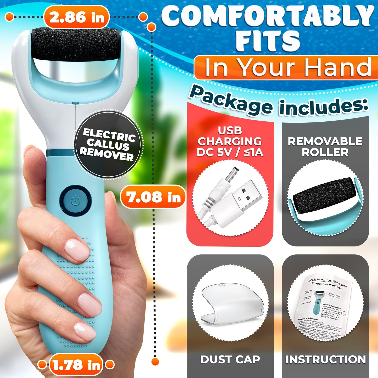 Rechargeable Electric Foot Callus Remover Tool - High-Speed 2800 RPM Electric Foot Sander Callus Remover with Replaceable Roller