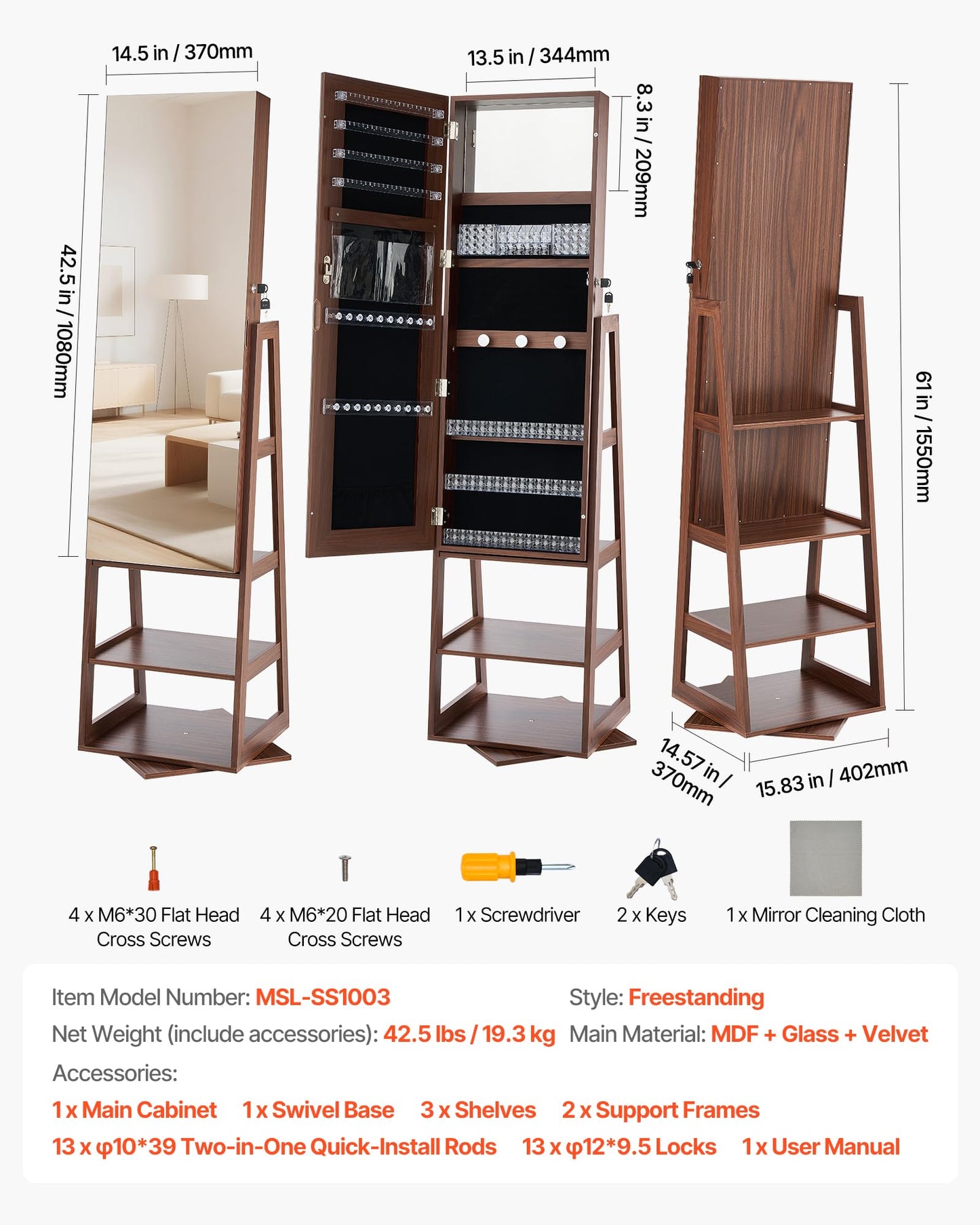 VEVOR 360° Swivel Jewelry Cabinet, 61-inch Tall, Full-Length Mirror with Storage, Standing Rotatable Jewelry Armoire Organizer, Lockable Door with 2 Keys, Accessory Pouches, and Storage Shelves