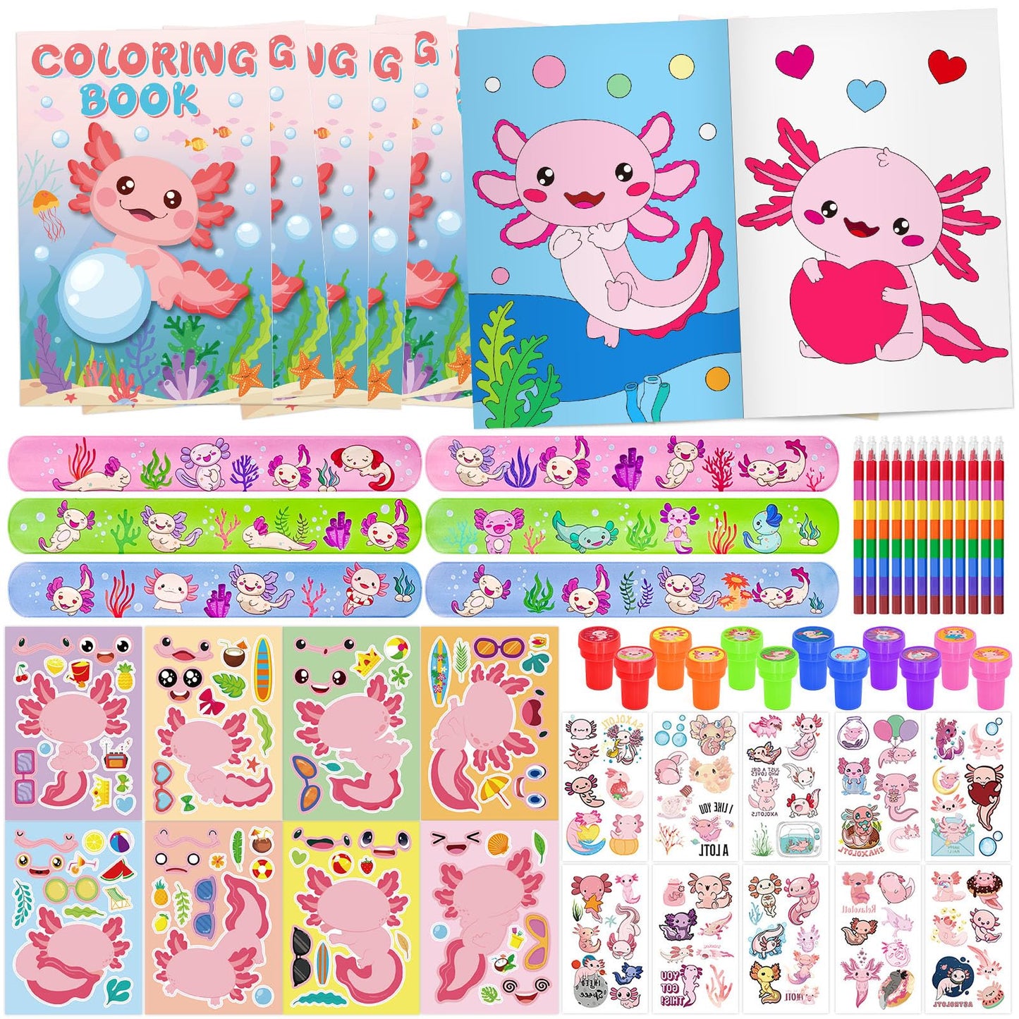 Cinrobiye 72 PCS Axolotl Party Favors Activity Set，Axolotl Coloring Books with Crayons Sticker Slap Bracelets Stampers，Amphibian Birthday Party Classroom Rewards Craft Goodie Bag Fillers Birthday