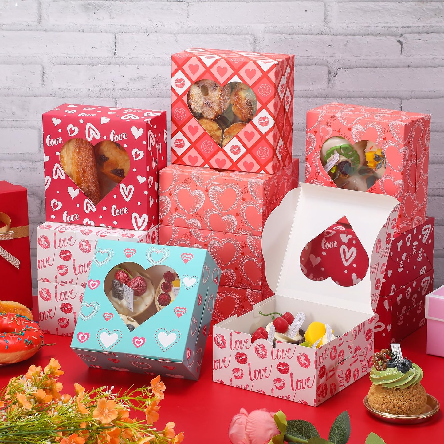 FUQUUON 30 Pack Valentine’s Day Bakery Cookie Boxes, 6" x 6" x 3" Valentines Treat Boxes with Heart Window, Candy Box for Holiday Pastries, Brownies, Chocolates, Cupcakes, Truffles Gift Giving