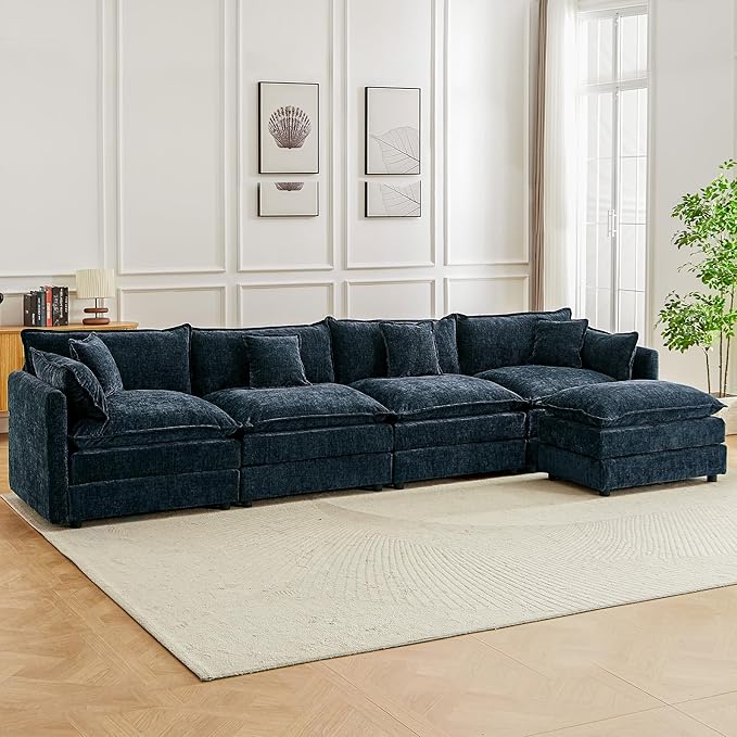 saows Modular Sectional Sofa, 147.2 Inch L Shaped Couch Set with Armrests, 4-Seater Comfy Cloud Couches with Movable Ottoman for Living Room Apartment, Blue