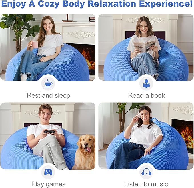 Homguava 4FT Bean Bag Chair for Adults,Teardrop Bean Bags Big Beanbag Chair with Memory Foam Filled and Ultra Soft Removable Corduroy Cover for Living Room, Bedroom (Blue)
