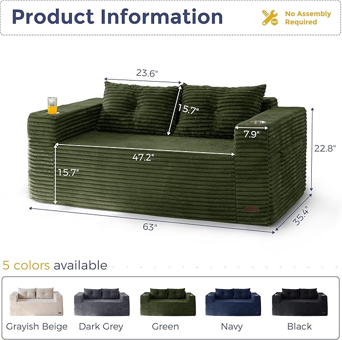MAXYOYO 63" Boneless Loveseat Sofa Couch for Small Spaces, Mini Love Seat Floor Couch with Cup Holders and Pillows, 2-Seater Upholstered Cloud Couch for Bedroom Apartment, No Assembly Required