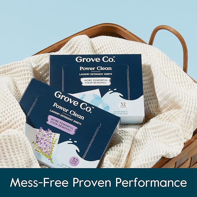 Grove Co. Laundry Detergent Sheets, Power Clean Dissolving Washer Sheets (2 Pack - 64 Loads) Tough Stain Remover, Unscented Free & Clear Formula