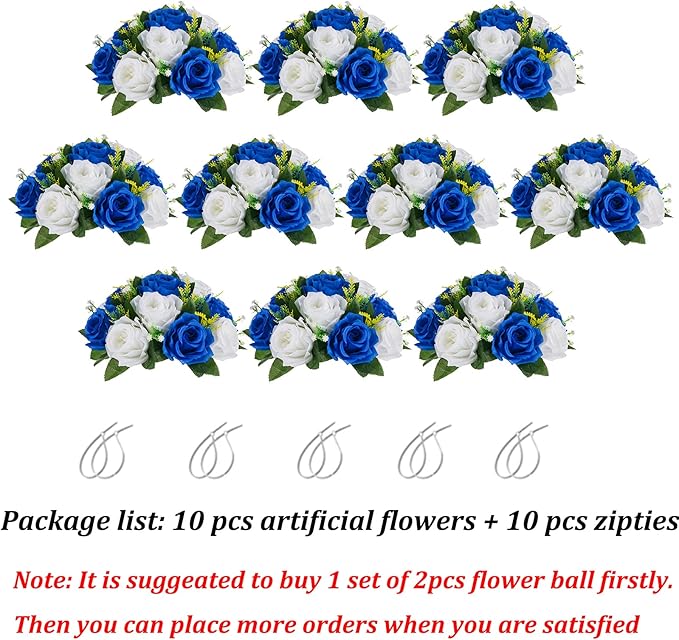 Flower Balls Wedding Rose Centerpieces: 10 Pcs Fake Flowers Royal Blue&White Kissing Balls Decor Artificial Floral Arrangements Flower Bouquet of Roses Home Party Table DIY Decorations