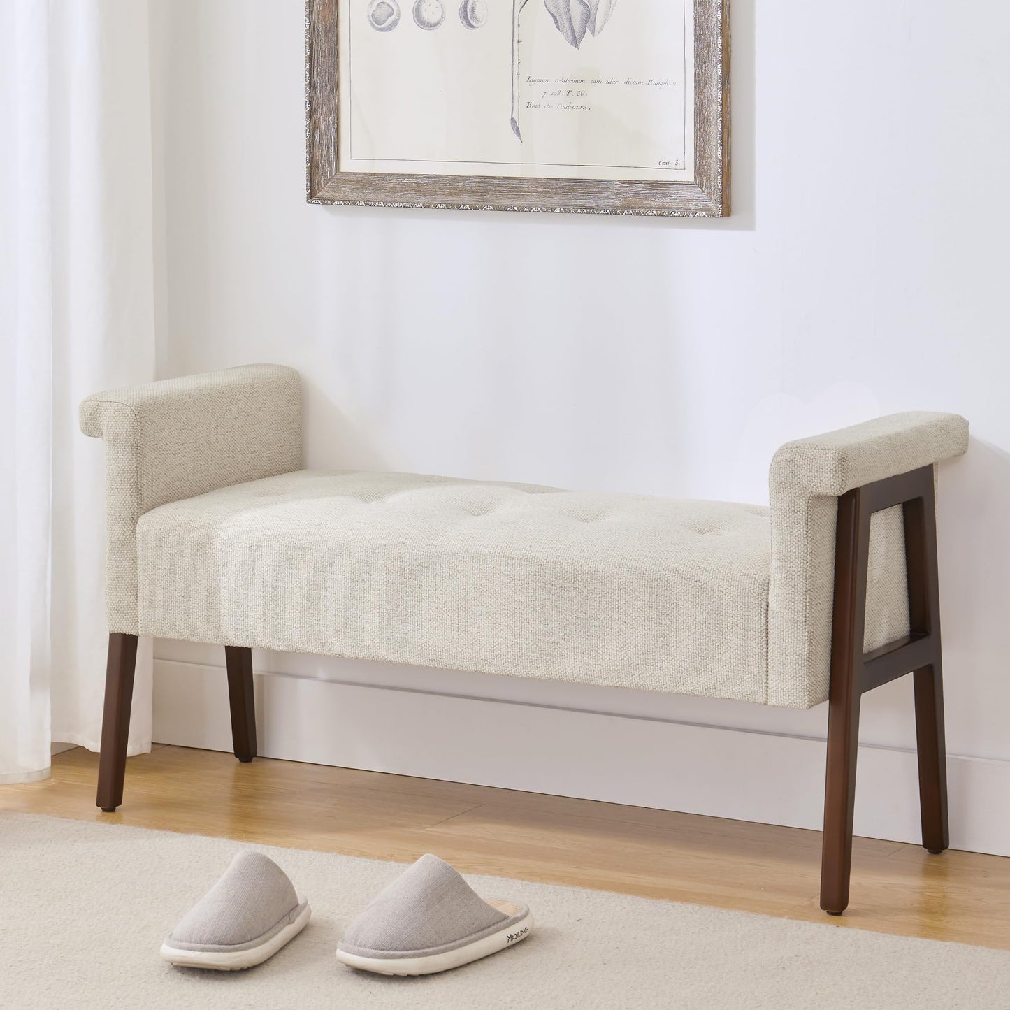 HUIMO Arms End of Bed Bench with Button Tufted Design, Indoor Bcench,Upholstered Entryway Bench and Solid Wood Legs for Bedroom,Hallway,Window Sill(Beige)