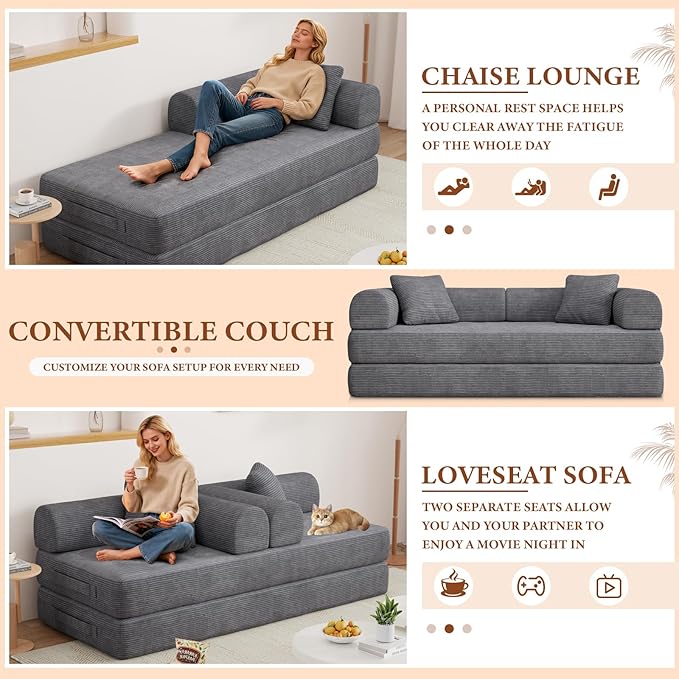 77" Convertible Sofa Bed, Modular Folding Futon Corduroy Floor Foam Compressed Loveseat Sleeper Sofa Couch, Pull Out Queen Size Couch Bed with 2 Pillows for Living Room Guest Room Studio, Dark Grey