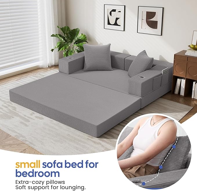 COMAX Futon Sofa Bed, 4‑in‑1 Convertible Sofa Bed, Folding Boneless Couches for Living Room, Fold Out Small Foldable Loveseat Floor Sleeper Comfy Mattress Lounge Space‑Saving, Light Grey