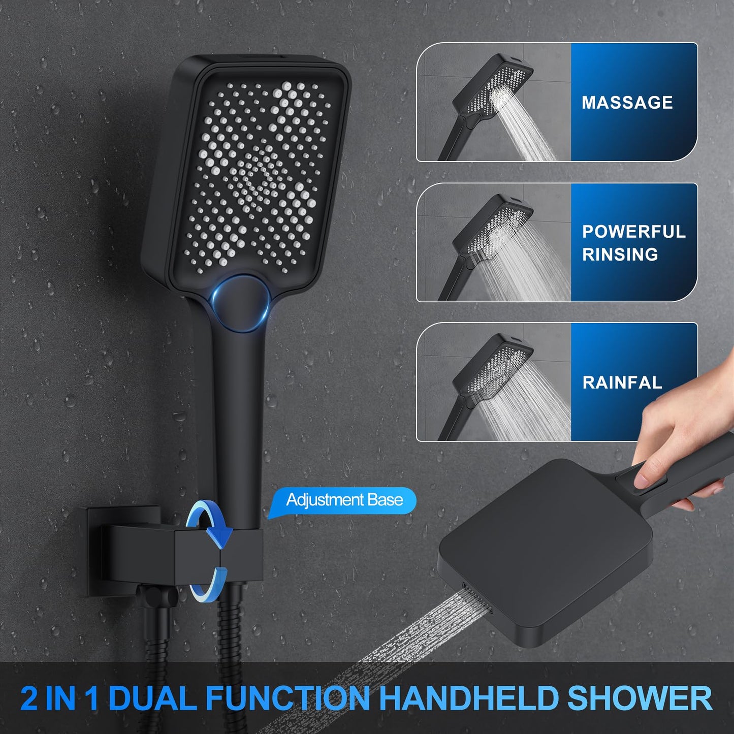 Shower Faucet Set, 12" Ceiling Mount Rainfall Shower System with 12'' Top Head+6'' Side Head and Multi-function Handheld Head Push Button Diverter Shower Faucet Trim Kit (12", Matte Black)