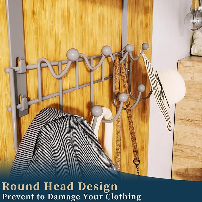 Consumest Over The Door Hooks Organizer - Extra Long Door Hanger with 9 Coat Hooks & 2 Mesh Basket, Back Storage Organizer Hanging Towels for Bathroom, Bedroom - Grey (for 1.76 in Doors)