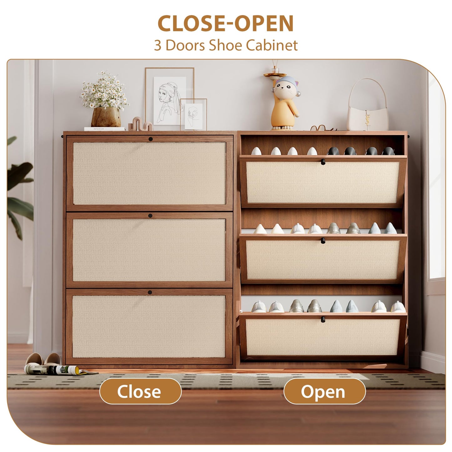 AVZEAR Narrow Shoe Storage Cabinet for Entryway with Natural Linen Panel, Freestanding Slim Shoe Cabinet with 3 Flip Drawers, Wood Shoe Organizer Closed Shoe Rack for Hallway, Living Room(Walnut)