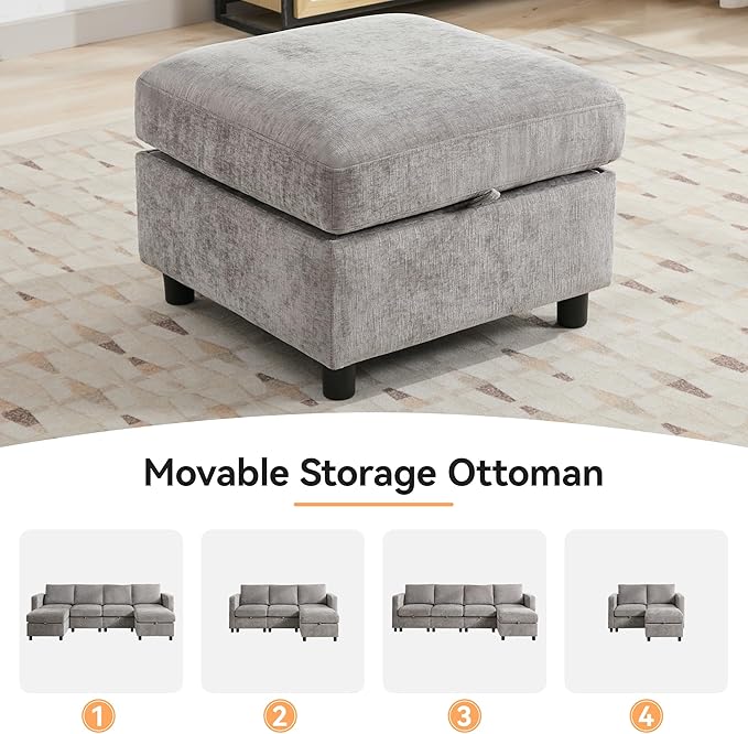 WUTUTUEE 58”Modular Sectional Loveseat Sofa with Storage, Comfy Office L Shaped Sofa Couch, Chenille Love Seat Modular Sectional Couch with Movable Ottoman for Living Room, Bedroom, Light Grey
