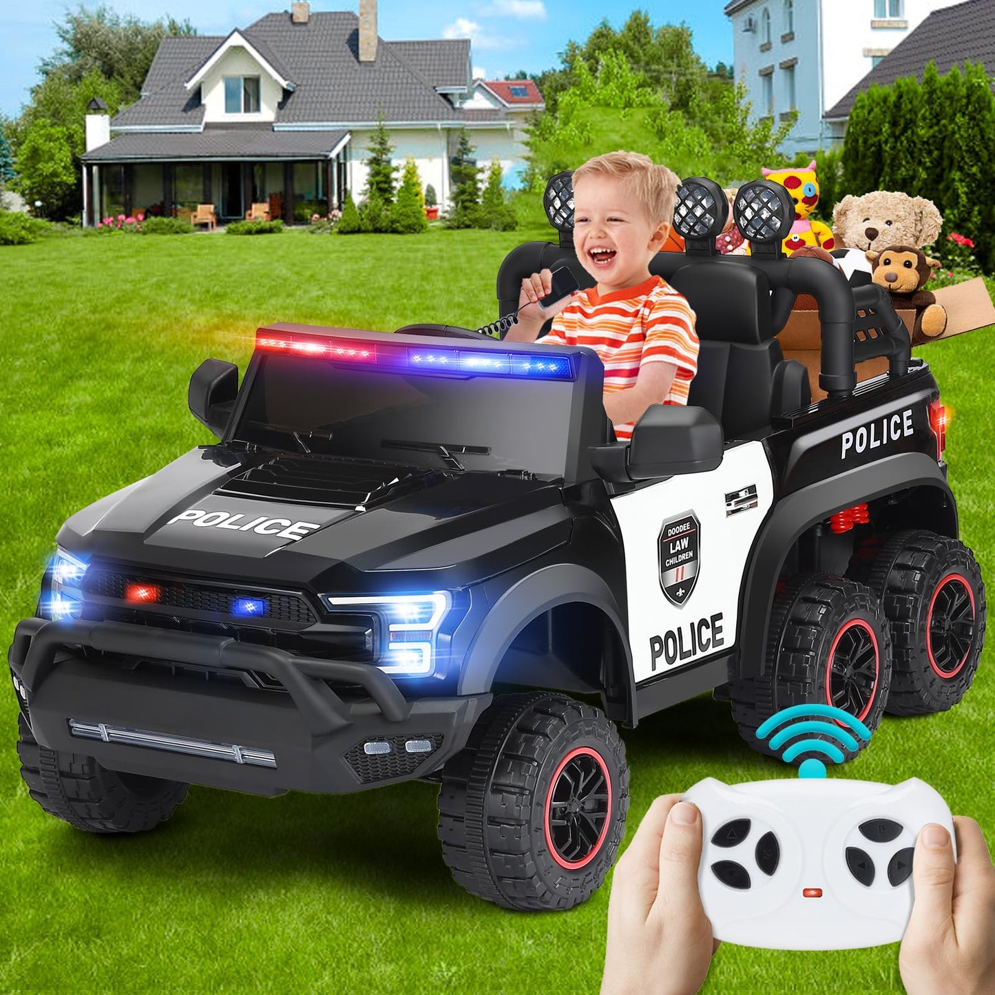 JOYLDIAS 12V7AH Kids Police Ride On Car with 2.4G Remote Control, 6-Wheel Spring Suspension, LED Lights & Siren, Kids Electric Car w/Storage, 3 Speeds, 77lbs Capacity, Gift for Ages 3-8