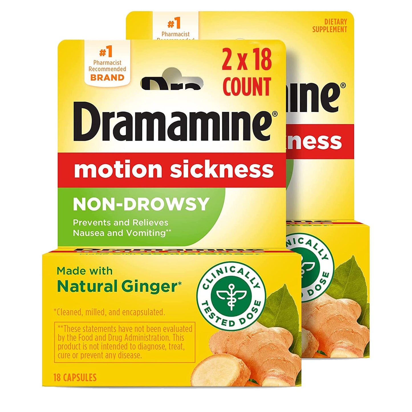 Dramamine Original, Motion Sickness Relief, 36 Count & Non-Drowsy, Motion Sickness Relief, Made with Natural Ginger, 18 Count, 2 Pack