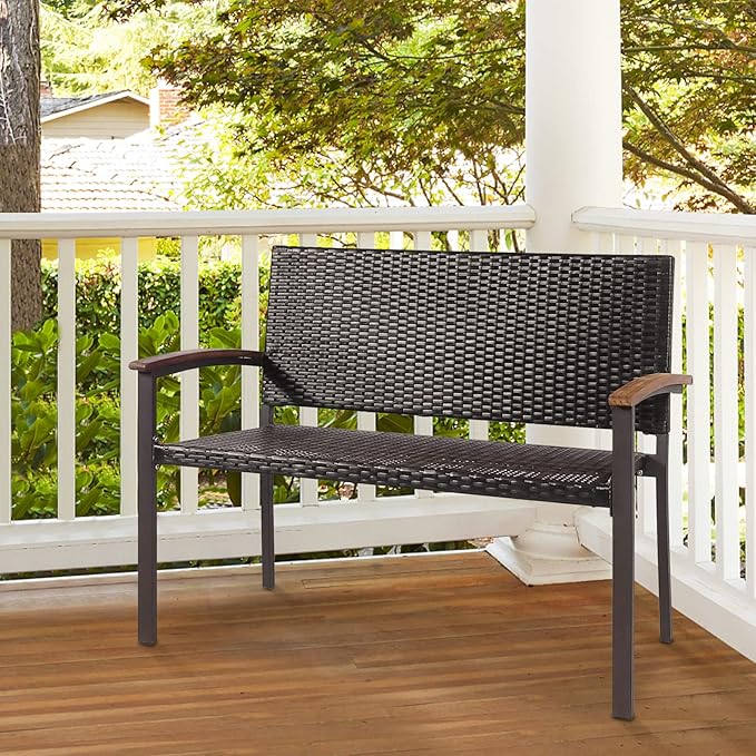Tangkula Outdoor Stackable Bench, All-Weather PE Wicker Loveseat with Acacia Wood Armrests, 2-Person Heavy Duty Metal Frame Patio Bench, for Garden, Front Porch, Courtyard