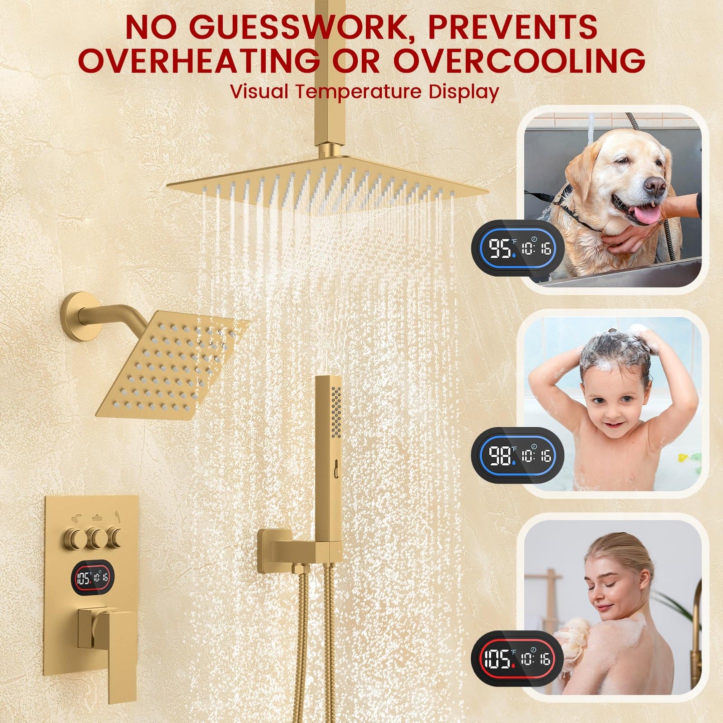 Push Button Diverter Shower Faucet Set Hydro Power Temperature Display, Shower System Ceiling Mounted 10" & Wall Mounted 6" Shower Head with 3-Spary Handheld, Brushed Gold