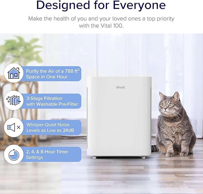 LEVOIT Air Purifier for Home Bedroom, Quiet Cleaner with Washable Pre-Filter for Allergies, Smoke, Dust, Pollen, AHAM VERIFIDE, Odor Eliminators for Large Room, Pet Hair Remover, Vital 100, White