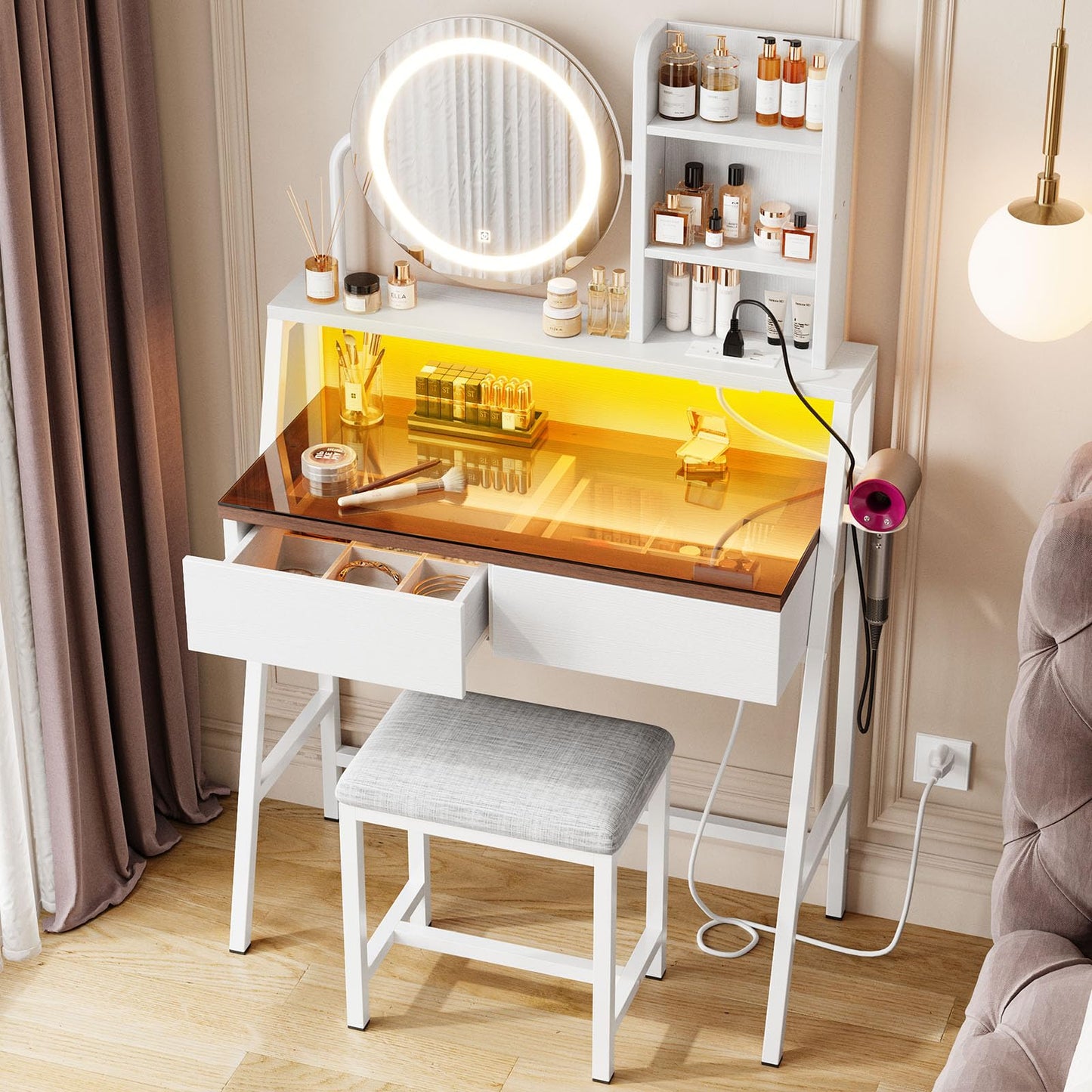 Memobarco Vanity Desk with Mirror and Lights, Makeup Vanity with Storage Shelf & 2 Drawers, Small Vanity with 3 Color Modes & Brightness Adjustable, Vanity Desk with Power Outlet & Light Strip, White