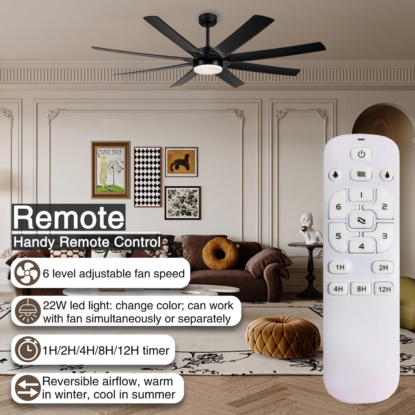 Oupavocs 72 Inch Ceiling Fan With Lights Remote Control, Large Ceiling Fan With Reversible Dc Motor And 3Cct Led, Chandelier Bla