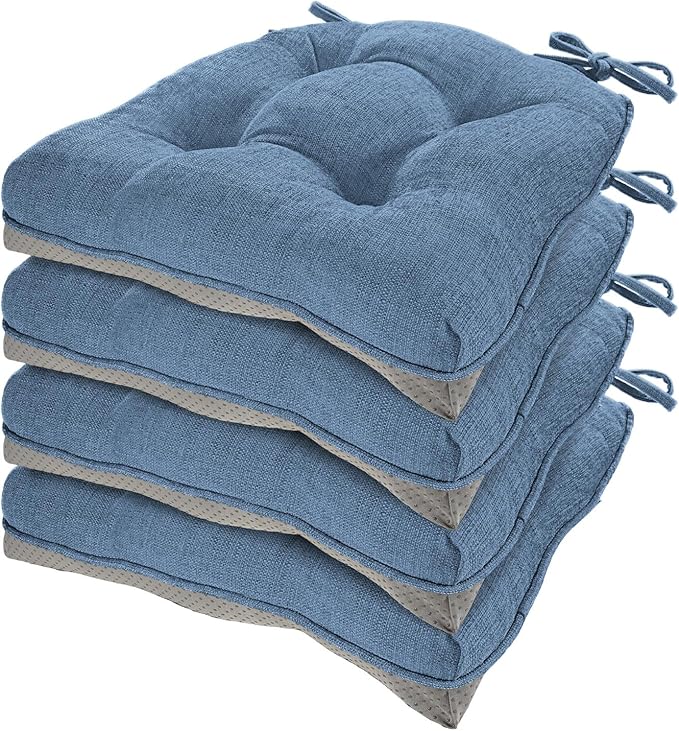 HARBOREST Chair Cushions for Dining Chairs Set of 4 - Chenille Tufted Kitchen Chair Cushions with Ties and Non-Slip Bottom, Foam Chair Pads for Dining Chairs, 17" x 17", Blue