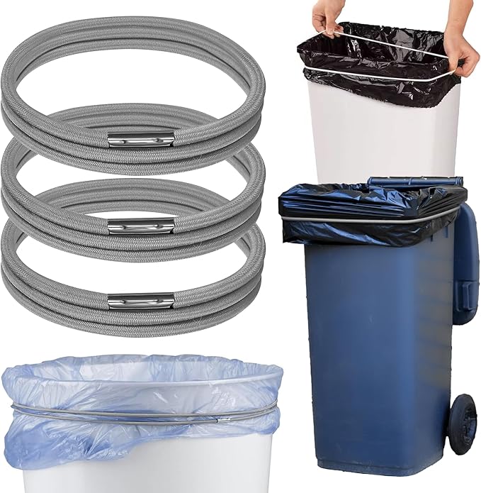Trash Can Rubber Bands Set of 3 - Elastic Garbage Can Bands with Metal Connector, Fits 13 to 33 Gallon Trash Bags - Gripper Trash Can Bands for Waste Baskets, Grey