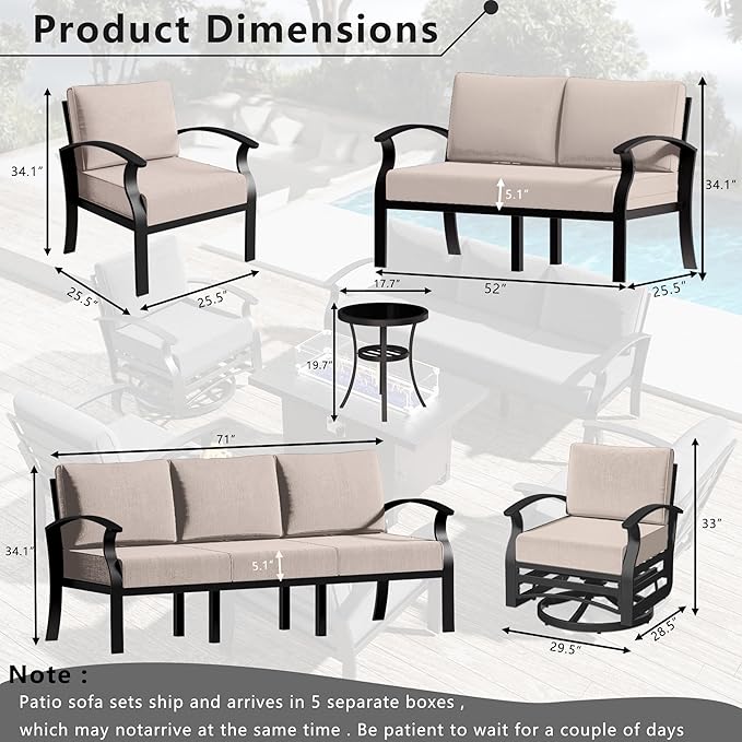 RTDTD Aluminum Outdoor Patio Furniture Set,5 Pieces 7 Seats Patio Conversation Sets with 45" Propane Fire Pit Table,Metal Patio Sectional Furniture Set w/5.1" Cushions for Porch,Deck,Backyard,Sand
