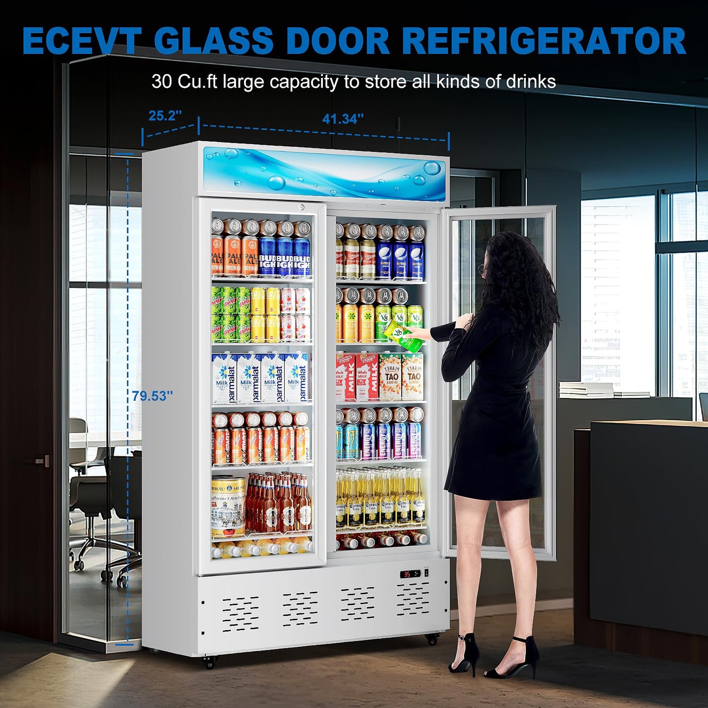 ECEVT 41.34'' W Commercial Beverage Refrigerators, 30 Cu.ft Glass Door Refrigerator Commercial with LED Light and 10 Shelves, Display Refrigerator for Restaurant Store Cafe Bar, White