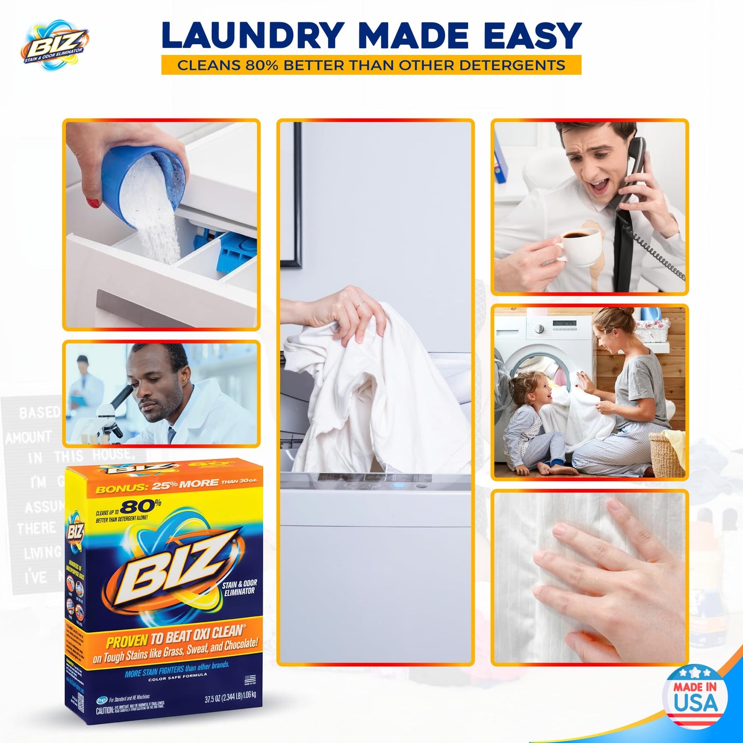 Biz Laundry Detergent Powder, Stain and Odor Eliminator for Tough Stains Like Grass Sweat and Chocolate, Powder Laundry Detergent with 4 Stain Fighters, Color Safe, HE Safe, Unscented, 37.5 Ounce