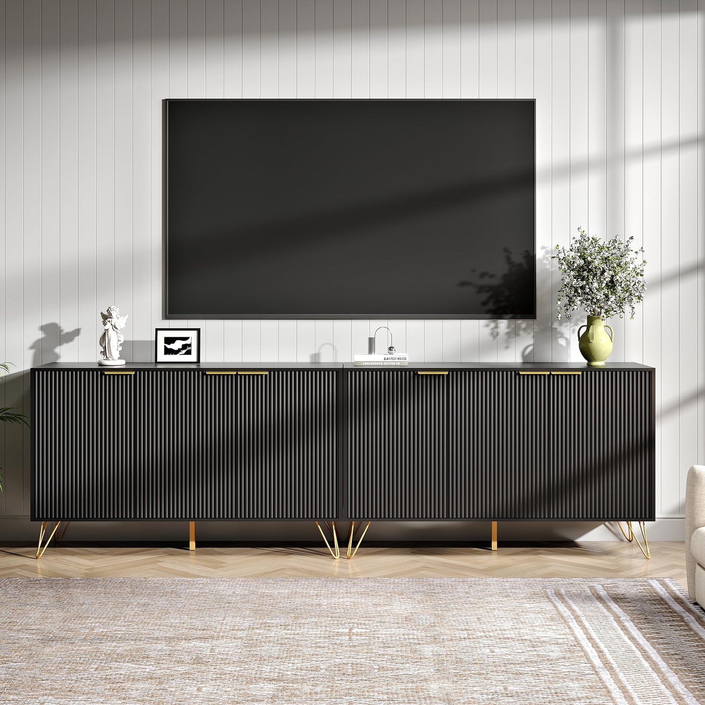 NOVAMAISON Fluted TV Stand for 100 Inch TV, Modern TV Stand Console, Black Entertainment Center with Storage Cabinets, Adjustable Shelves & Gold Handles, Wood Media Cabinet for Living Room