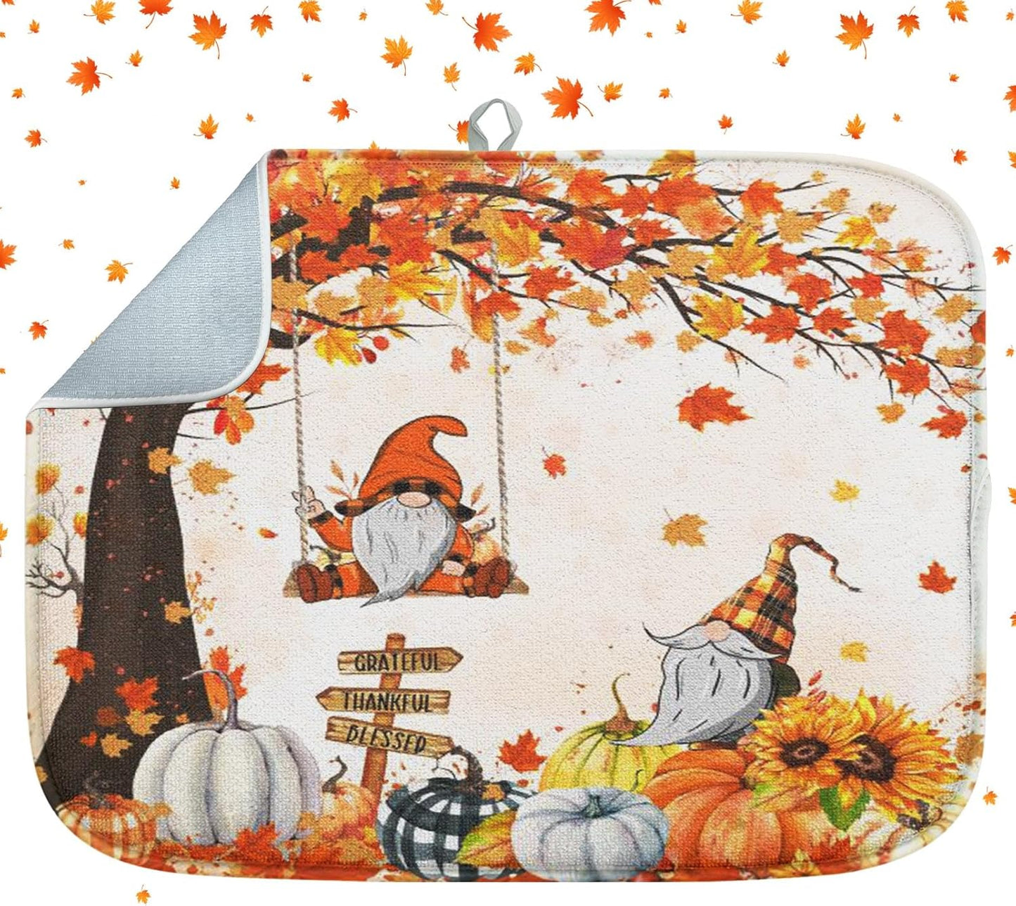 Sanwarm Absorbent Dish Drying Mat, Autumn Gnome Leaves Microfiber Pad for Kitchen Counter, Fall Botanical Floral for Coffee Bar Decor, Heat Resistant and Reversible, 18" x 24"