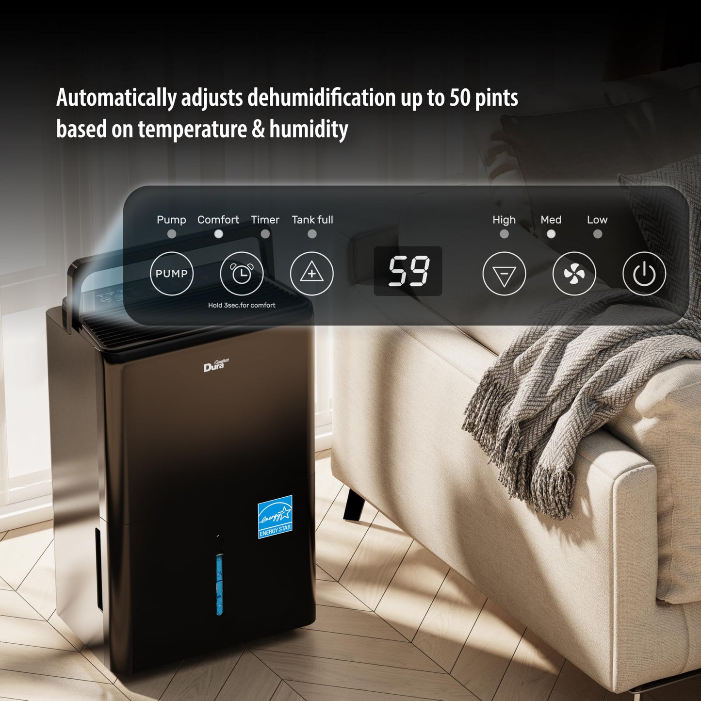 DuraComfort Dehumidifier for Basement Home with Pump,4500 Sq.ft 50 Pints (Black)