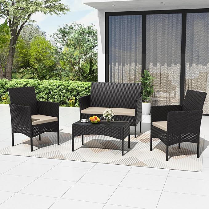 ASJMR 4 Piece Patio Rattan Conversation Set, Outdoor Rattan Chair Wicker Furniture Set, Couple Seats and Tempered Glass Table,Comfort Seat for Patio, Pool or Backyard