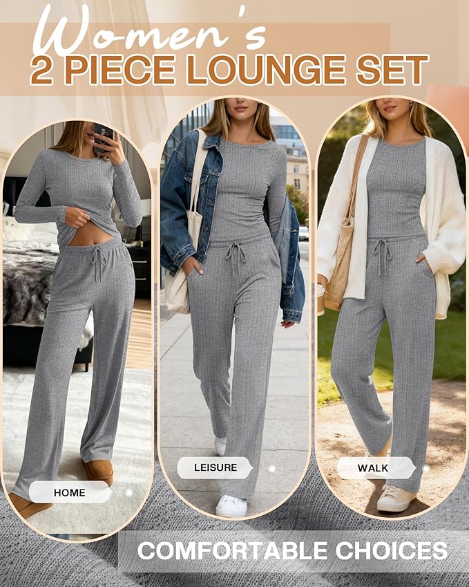 Evervibe Women's 2 Piece Lounge Set Long Sleeve Crew Neck Top Drawstring Wide Leg Pants Casual Tracksuit Matching Set