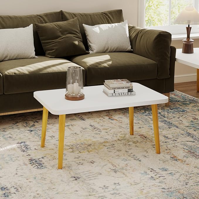Funecy Coffee Table Low Table with Solid Wood Sturdy Legs, Floor Table Desk for Sitting on The Floor, Storage and Living Room Furniture (White-Square)