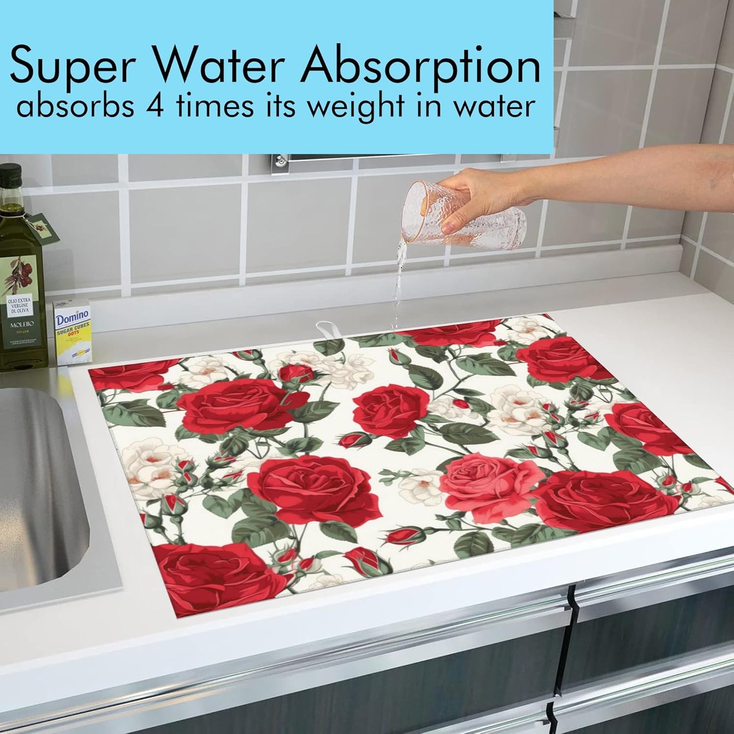 Large Dish Drying Mat for Kitchen Counter,18"X24" Red Rose Flowers Super Absorbent Reversible Microfiber Dish Drying Mat Dish Drainer Mat,Dishes Mat Drying Pad for Kitchen Countertop Coffee Bar