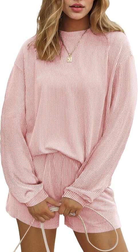 Ekouaer 2 Pieces Lounge Set for Women Long Sleeve Pajamas Top and Shorts Matching Sets Outfits with Pockets