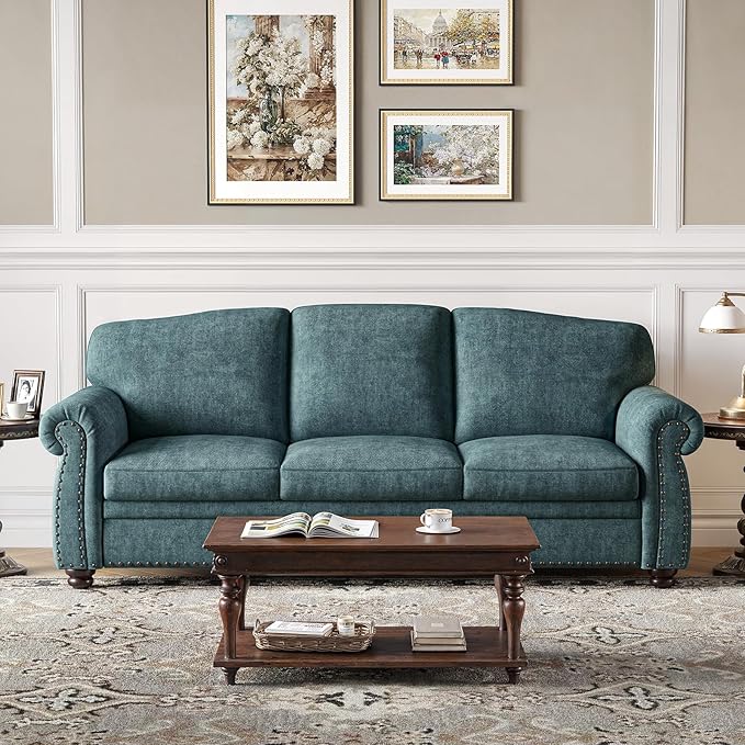 ONBRILL 90 Inch Nailhead Trim Couch for Living Room, 23 Inch Deep Seat Rolled Arm Sofa, Comfy Upholstered 3 Seater Chenille Couch w/Wooden Leg, Large Traditional Sofa for Farmhouse, Teal