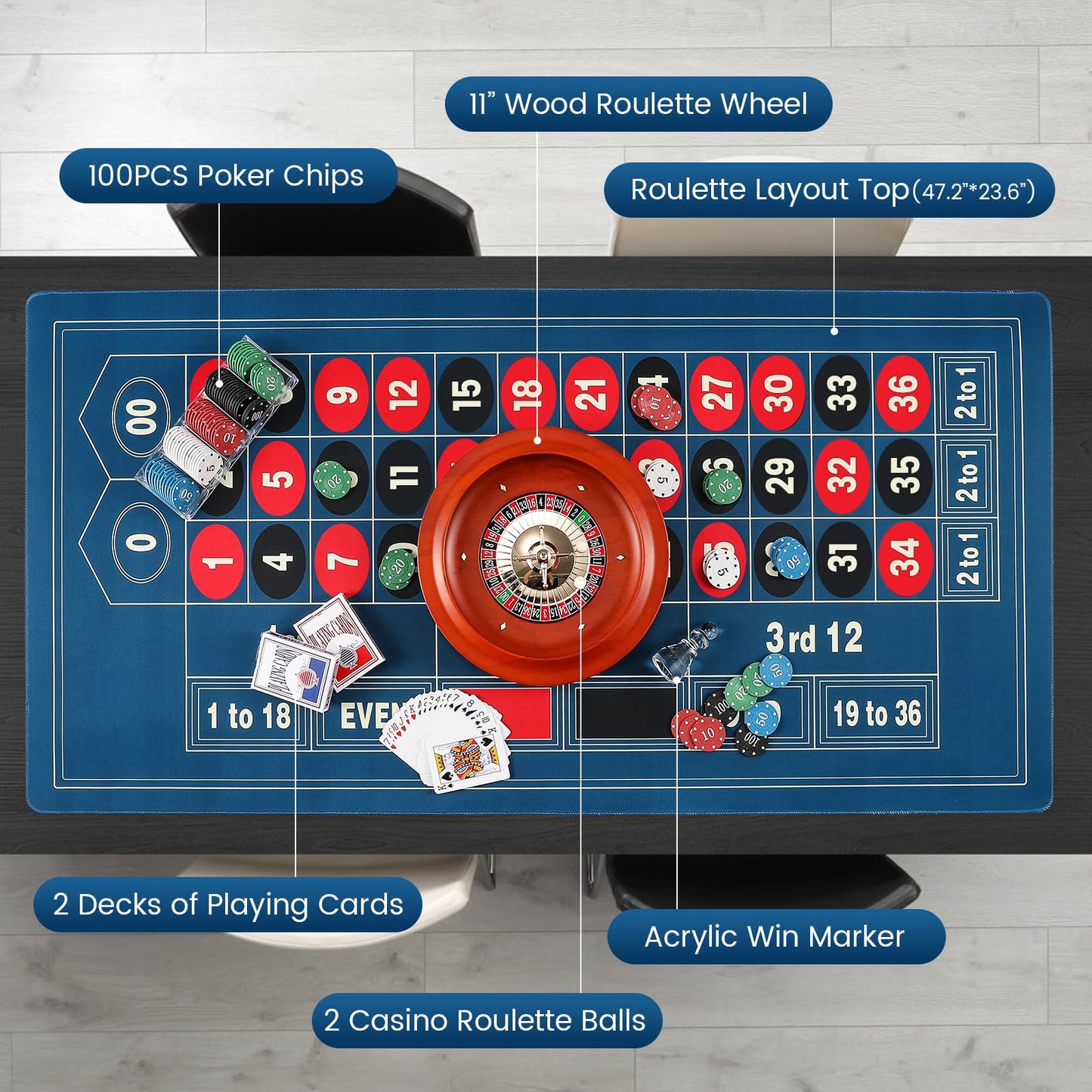Roulette Wheel Set: 11” Roulette Wheel 47.2 * 23.6” Roulette Table Layout Felt Mat 100pcs ABS Poker Chips Roulette Win Marker 2 Decks of Playing Cards Casino Game Sets
